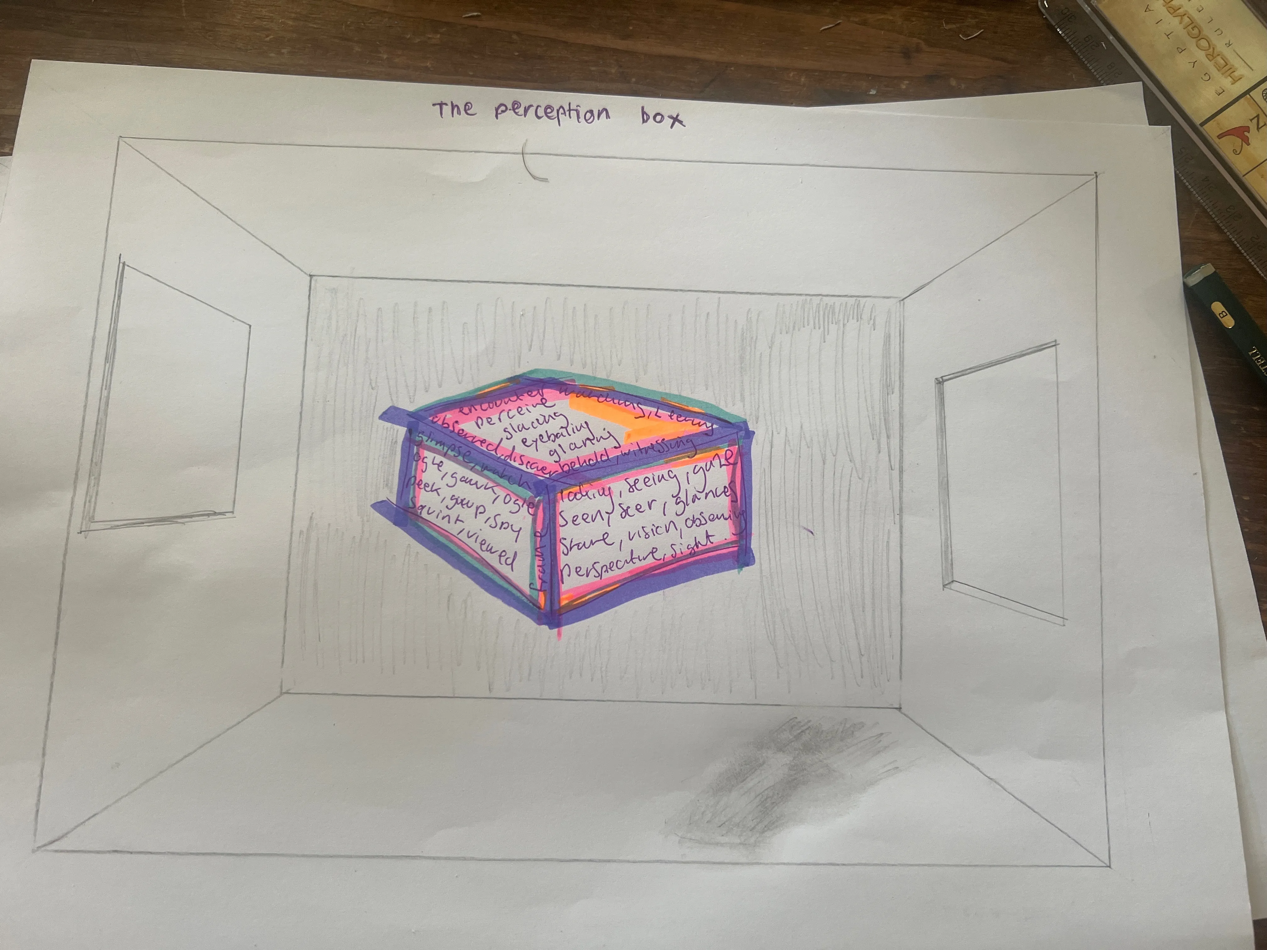 The Perception Box — mixed media, glowing box in perspective room, by Disrupt the Gaze